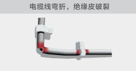在安裝過(guò)程中，由于電線(xiàn)的彎曲半徑過(guò)小，或是線(xiàn)夾過(guò)緊，導(dǎo)致線(xiàn)纜絕緣皮破裂，產(chǎn)生電弧隱患